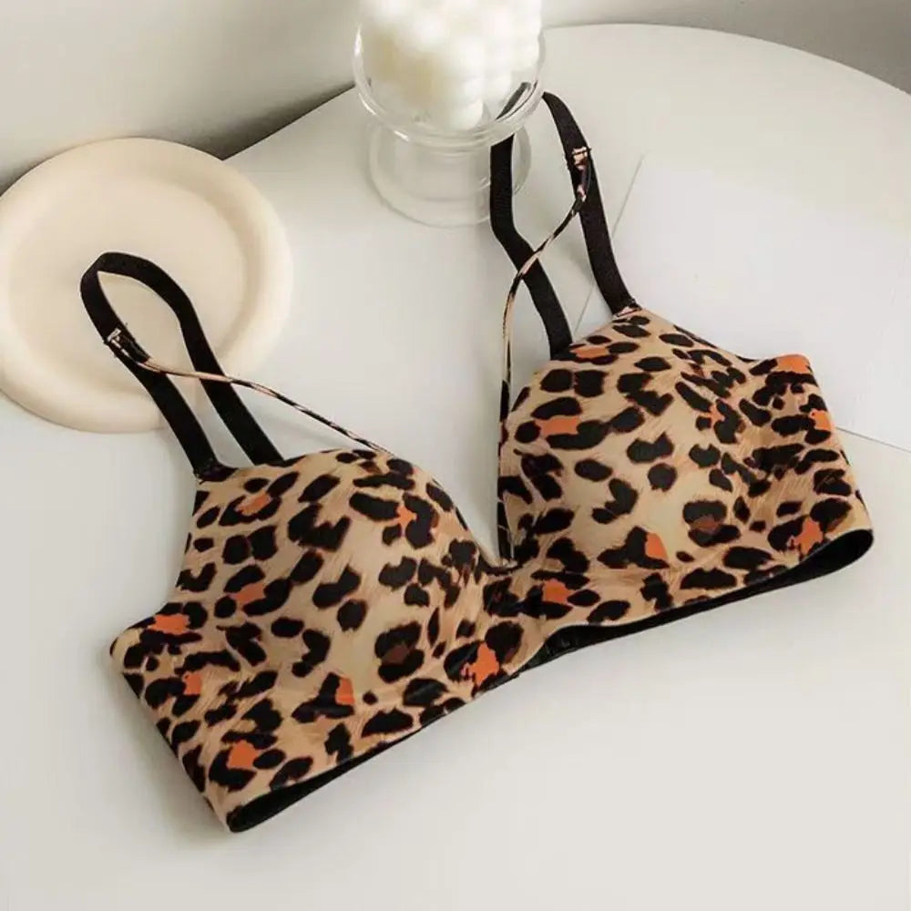 Breathable 3/4 Cup Push-up Bra Women Leopard Anti-sagging Seamless Underwear Lingerie Deep V Wireless Deep V Bra Girl