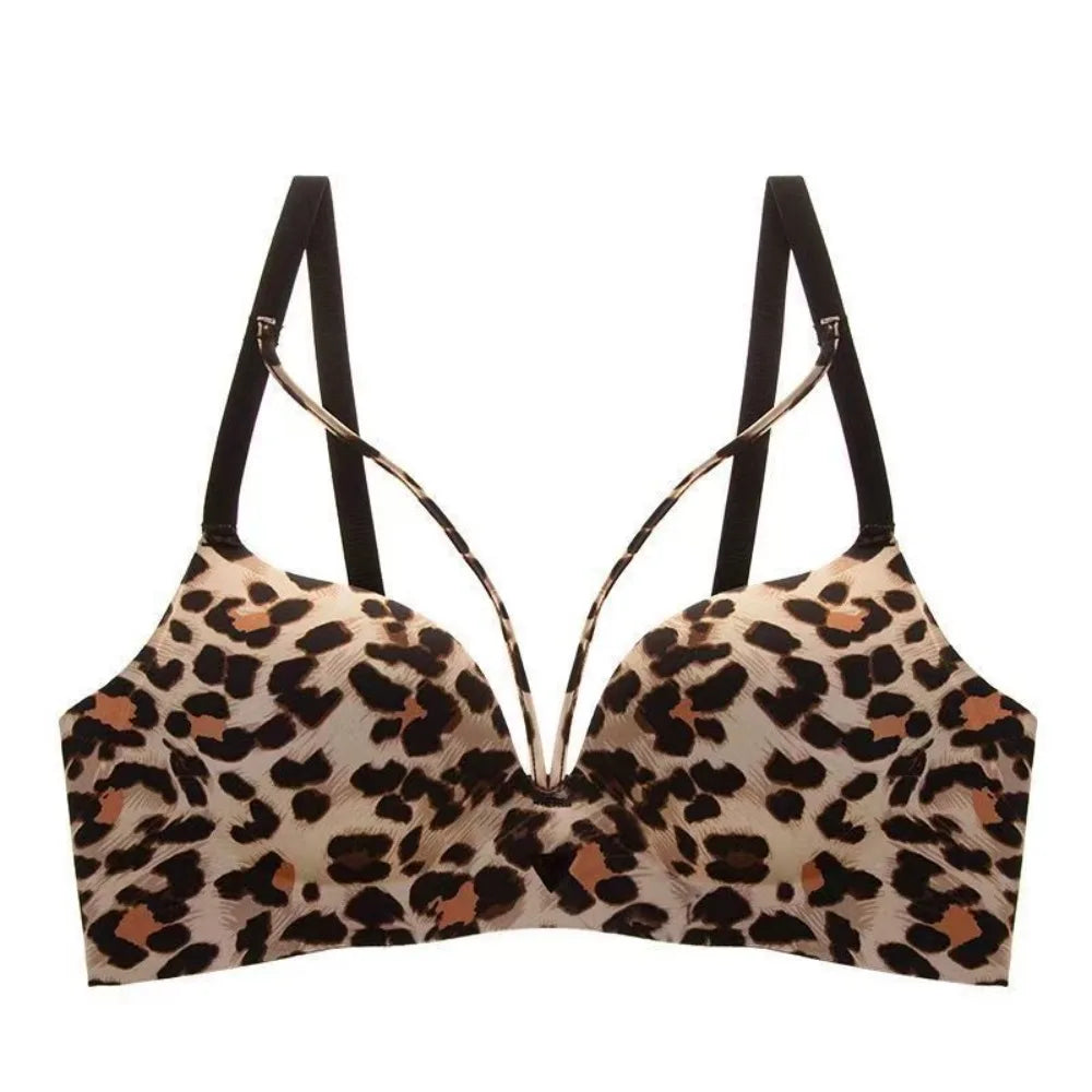 Breathable 3/4 Cup Push-up Bra Women Leopard Anti-sagging Seamless Underwear Lingerie Deep V Wireless Deep V Bra Girl