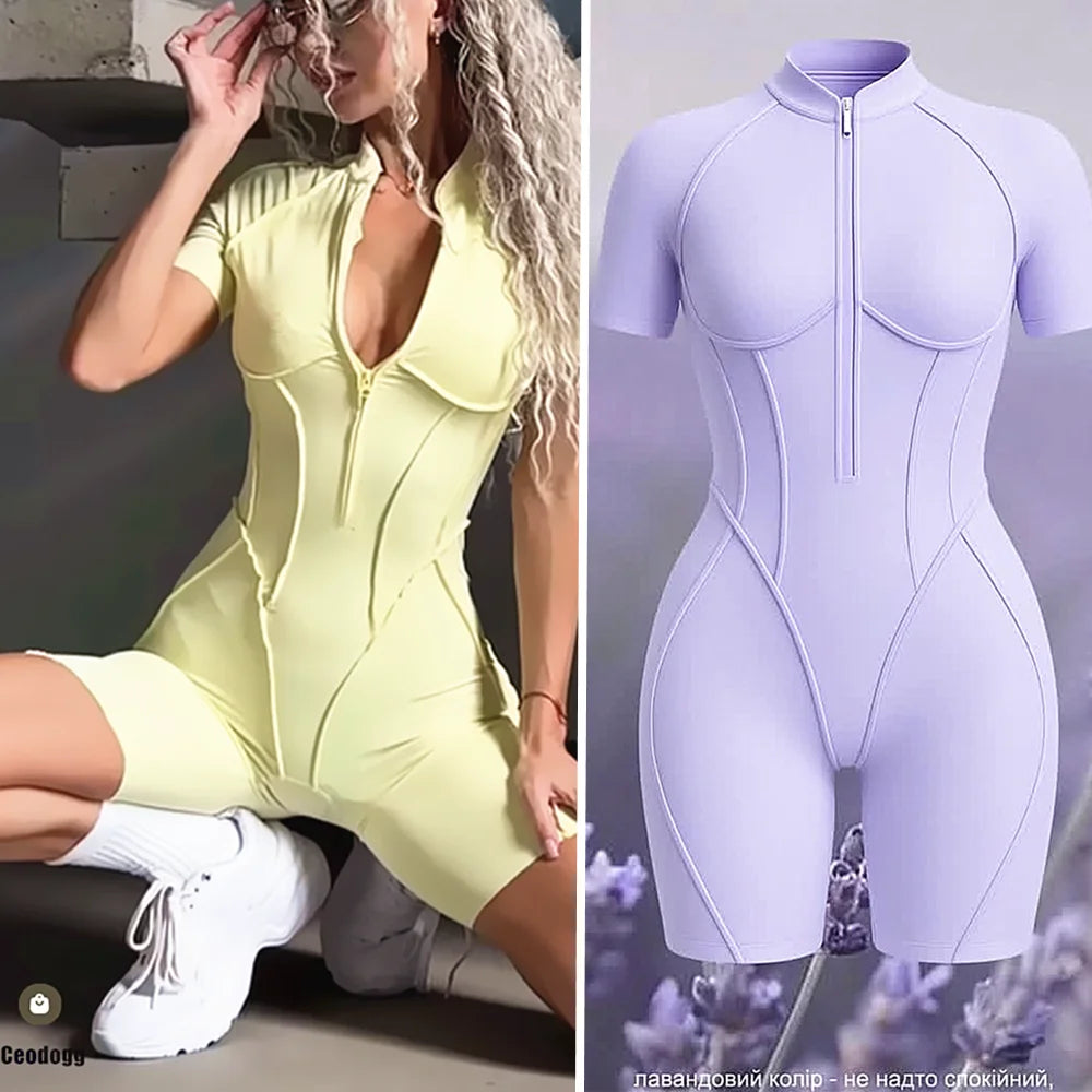 Pad Zipper Hollow out Yoga Set Short Sleeve Fitness Women One Piece Jumpsuit Legging Sleek Catsuit Gym Pant Active Wear XP83