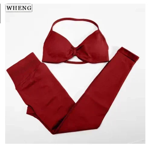 2Pcs Women's Gym Yoga Set Seamless High Waist Leggings Sports Bra Top Workout Outfit Fitness Activewear Running Training Clothes