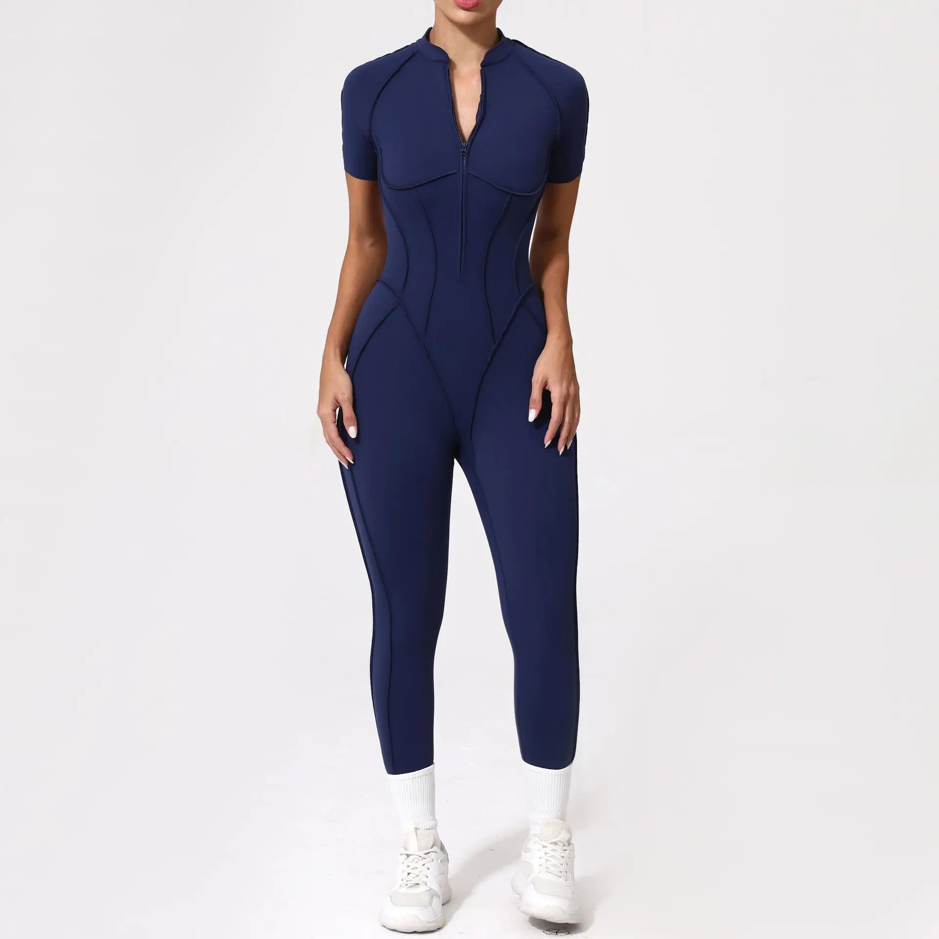 Pad Zipper Hollow out Yoga Set Short Sleeve Fitness Women One Piece Jumpsuit Legging Sleek Catsuit Gym Pant Active Wear XP83