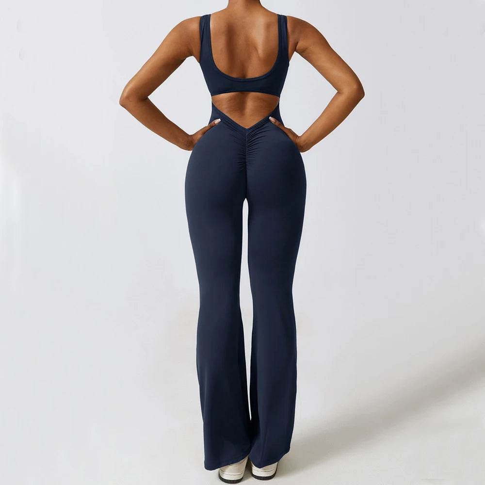 XS-XL New Pad Women Gym Yoga Set Sports Rompers Sexy Back Fitness Workout Pant Flare Leggings One Piece Jumpsuit Active Wear
