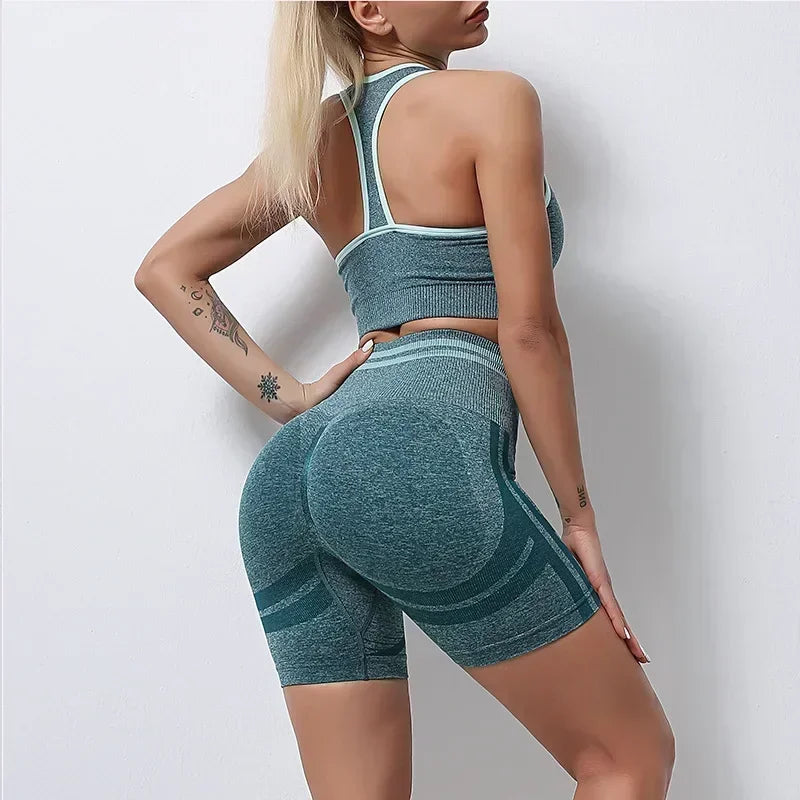 Seamless Yoga Sets Sports Fitness Peach Hip-lifting Shorts Beauty Back Short-Sleeved Suits Workout Gym Leggings Set for Women