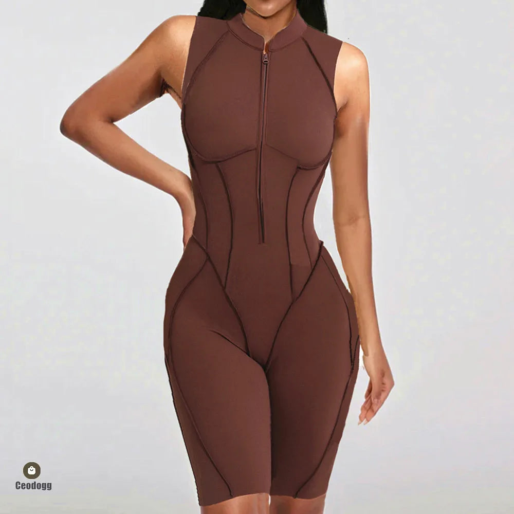 Pad Zipper Hollow out Yoga Set Short Sleeve Fitness Women One Piece Jumpsuit Legging Sleek Catsuit Gym Pant Active Wear XP83