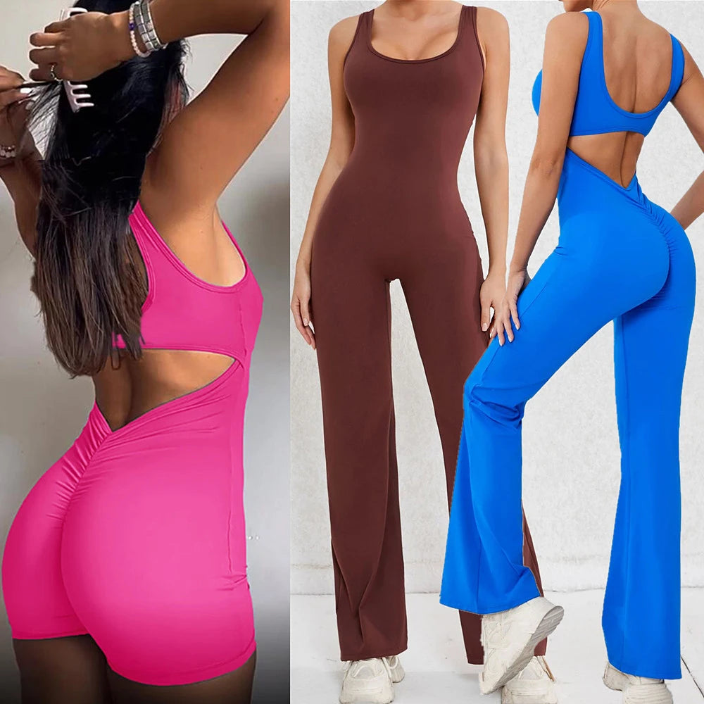 XS-XL New Pad Women Gym Yoga Set Sports Rompers Sexy Back Fitness Workout Pant Flare Leggings One Piece Jumpsuit Active Wear