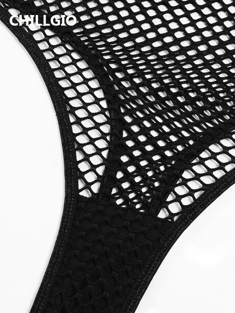 CHILLGIO Women Black Bodysuit Sexy Porn Underwear Hollow See-through One Pieces Combination Jumpsuit Slim Fishnet Halter Catsuit