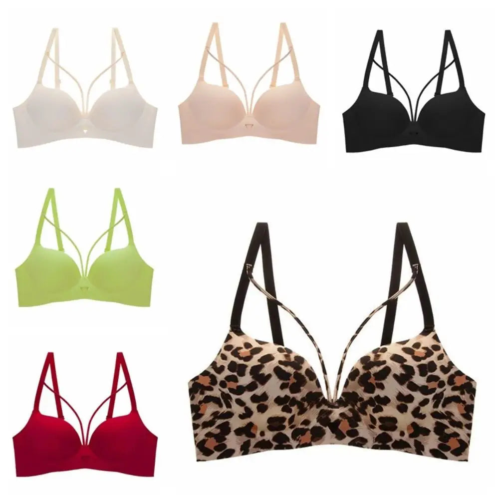 Breathable 3/4 Cup Push-up Bra Women Leopard Anti-sagging Seamless Underwear Lingerie Deep V Wireless Deep V Bra Girl