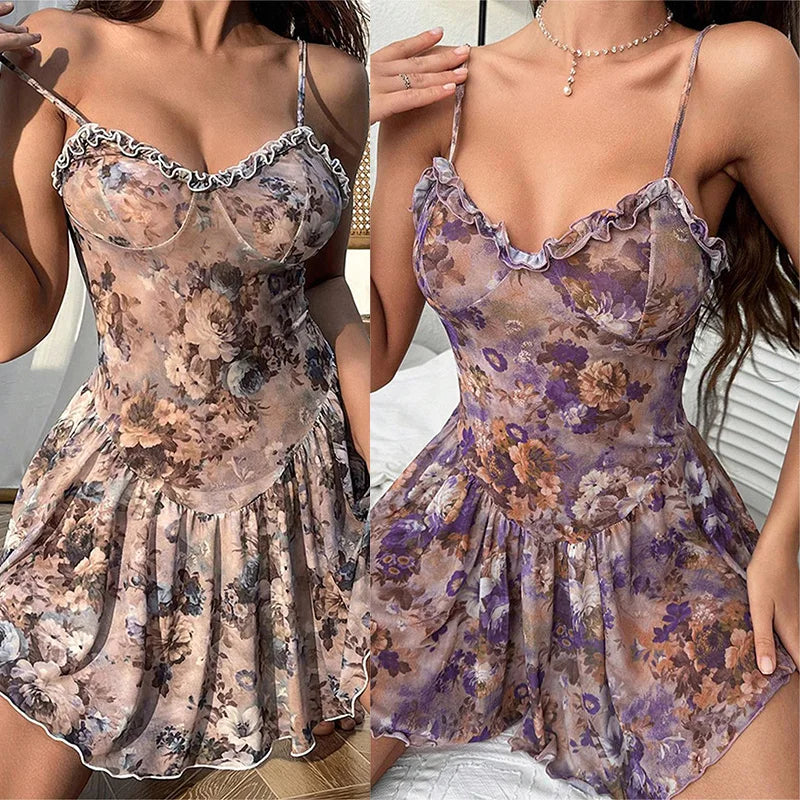 Strap tight floral lace thin short dress Top women Y2k clothes summer T-shirt sexy lingerie set fancy underwear uncensored xxx