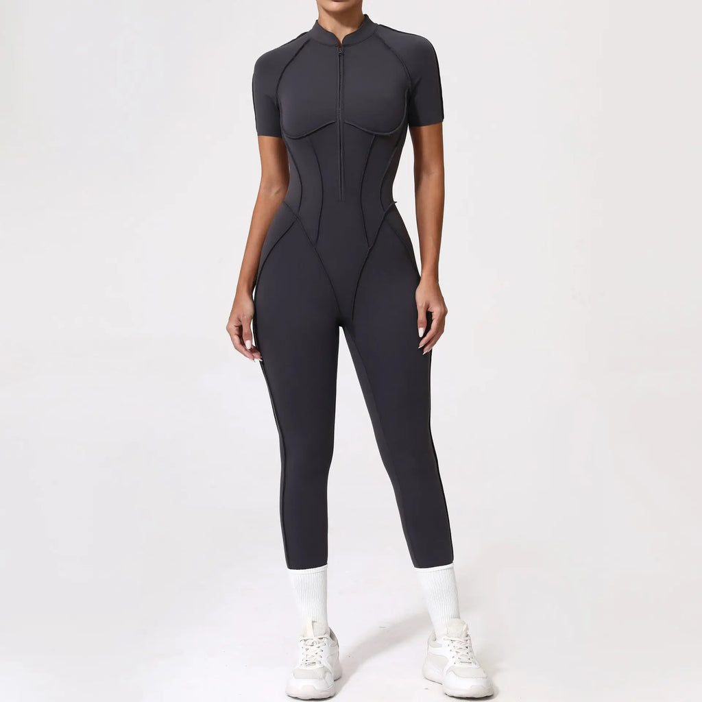 Pad Zipper Hollow out Yoga Set Short Sleeve Fitness Women One Piece Jumpsuit Legging Sleek Catsuit Gym Pant Active Wear XP83