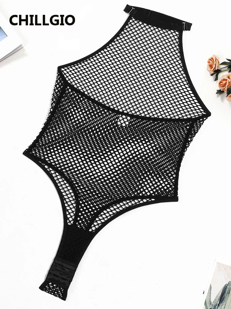 CHILLGIO Women Black Bodysuit Sexy Porn Underwear Hollow See-through One Pieces Combination Jumpsuit Slim Fishnet Halter Catsuit