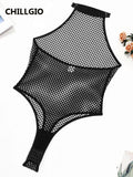 CHILLGIO Women Black Bodysuit Sexy Porn Underwear Hollow See-through One Pieces Combination Jumpsuit Slim Fishnet Halter Catsuit