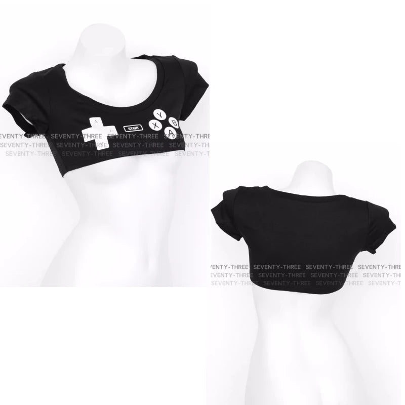 Anime Gamepad Printed Ultrashort T Shirt Women Mini Japanese Girl Top Sexy Underwear Short Sleeve Nightclub Role Play Outfits