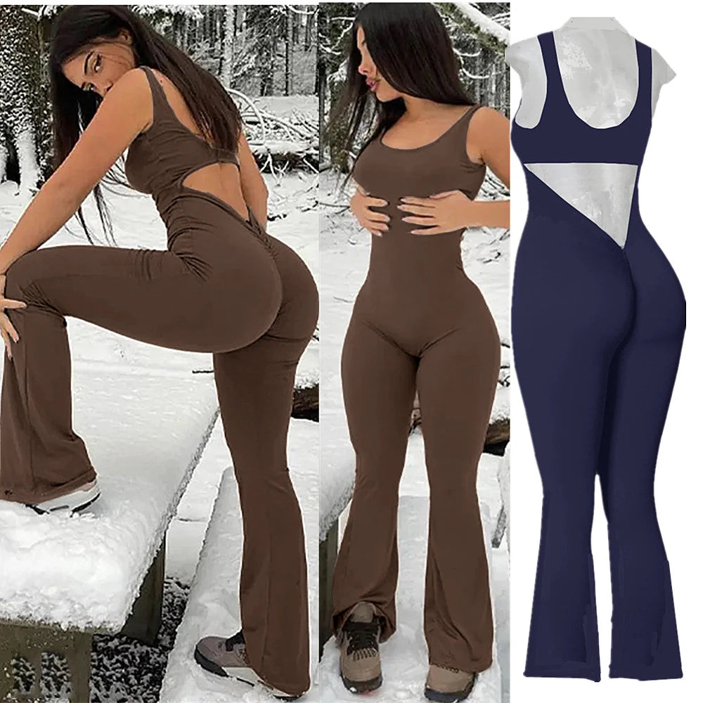 XS-XL New Pad Women Gym Yoga Set Sports Rompers Sexy Back Fitness Workout Pant Flare Leggings One Piece Jumpsuit Active Wear