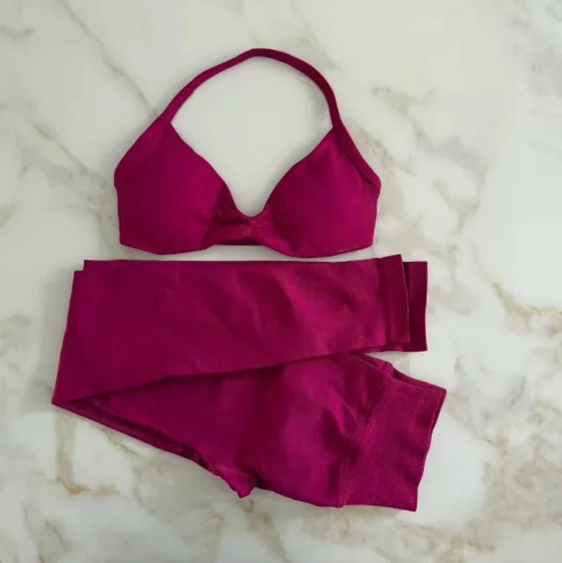 2Pcs Women's Gym Yoga Set Seamless High Waist Leggings Sports Bra Top Workout Outfit Fitness Activewear Running Training Clothes