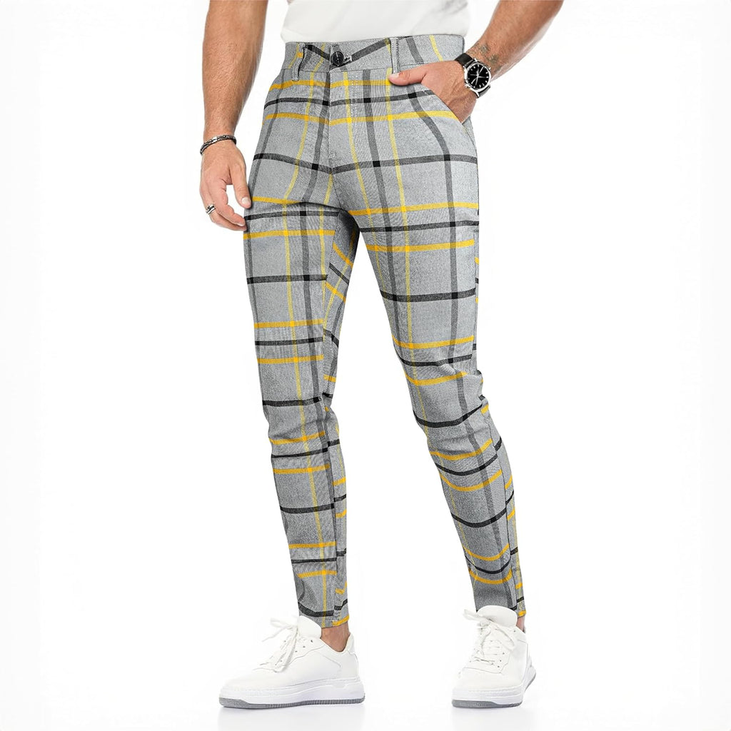 Mens Plaid Dress Pants Stretch Chino Pants Men Slim Fit