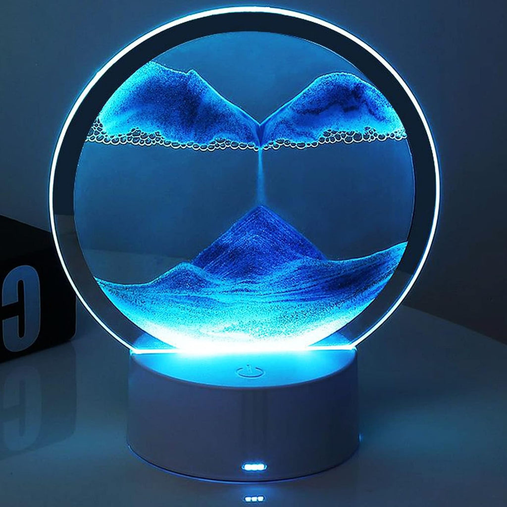 3d Moving Sand Art Picture Desk Lamp, 360° Rotating Hourglass Lights, RGB Color Changing Table Lamp,Sand Art Liquid Motion Colorful Creative Sea 3d Glass Quicksand Painting Night Light(Blue)