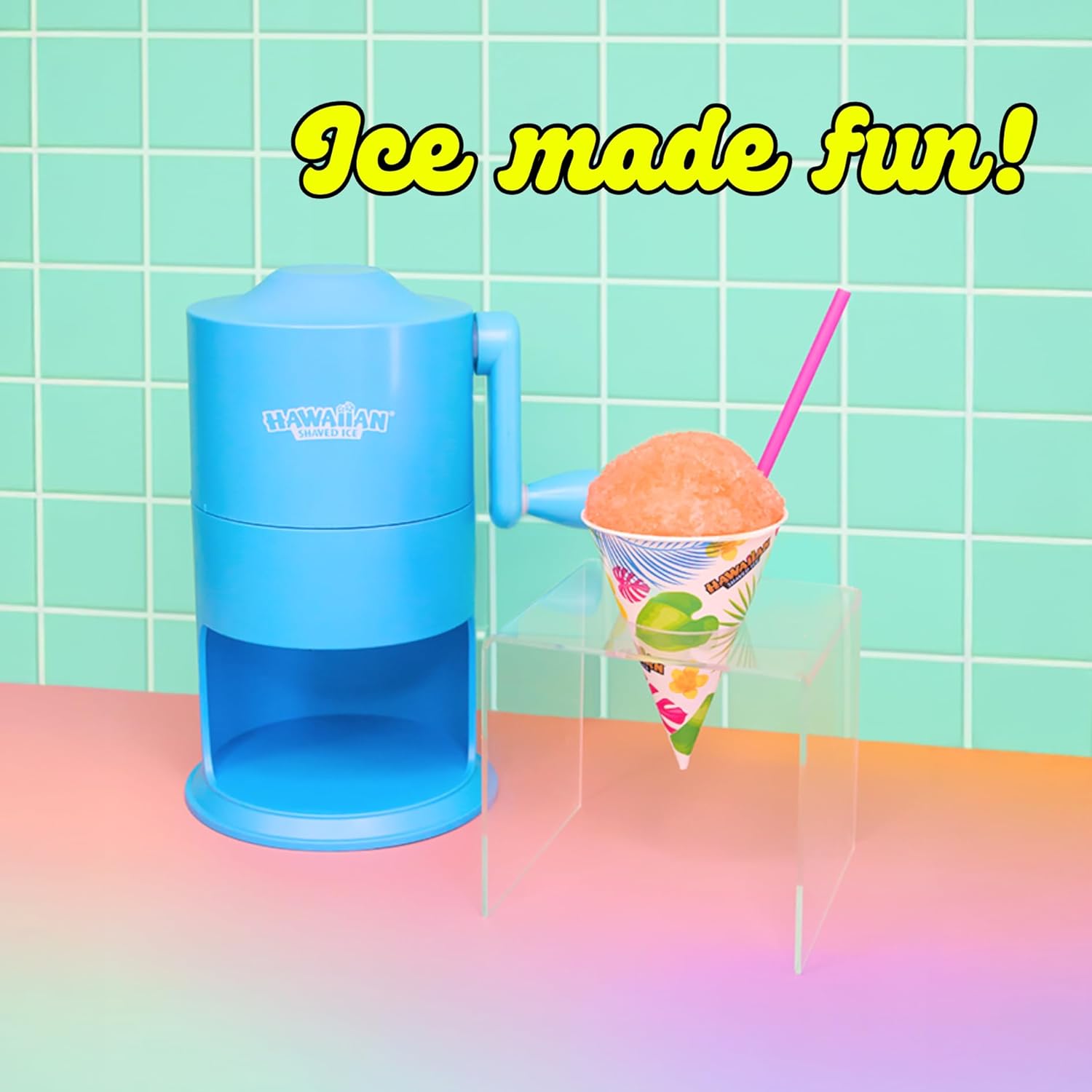 Hawaiian Shaved Ice Mini Snow Cone Machine - Portable Countertop Ice Shaver with No Slip Base - No Electricity Needed - Ice Cup Included - Lightweight - Stainless Steel Blade