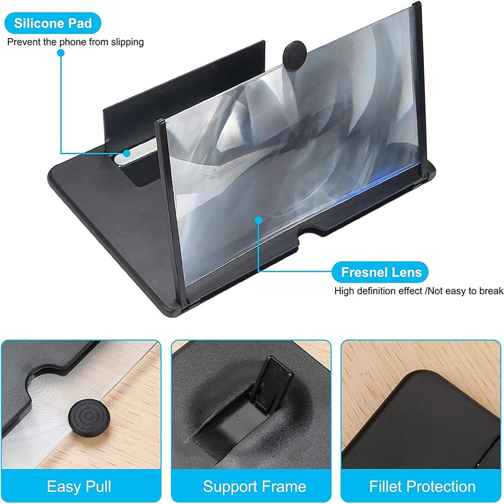 Mobile Phone Magnifier Projector Screen, 3D HD Screen Magnifier for Cell Phone, Foldable Magnifying Projector Screen Stand for Movies, Videos & Gaming Compatible with All Phones (Black, 10 inch)