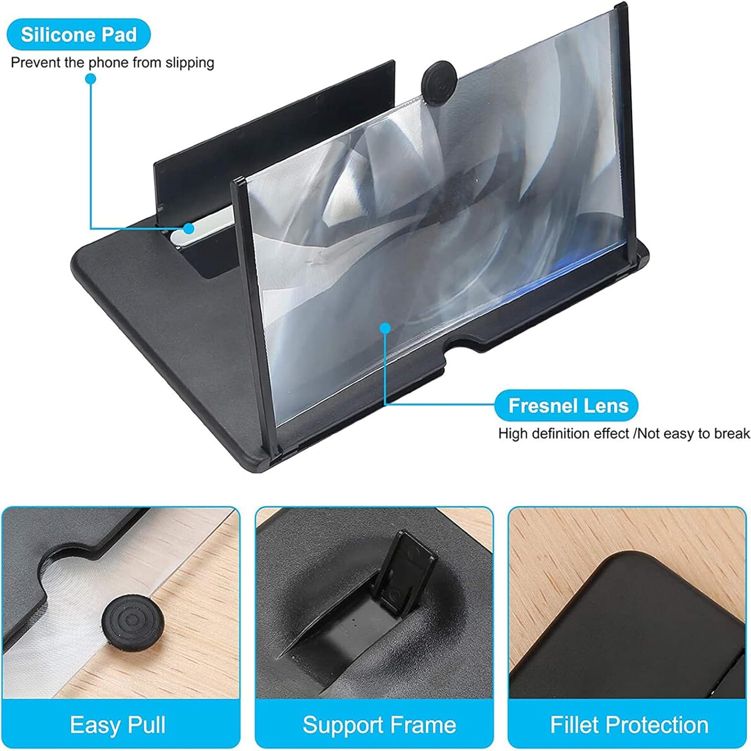Mobile Phone Magnifier Projector Screen, 3D HD Screen Magnifier for Cell Phone, Foldable Magnifying Projector Screen Stand for Movies, Videos & Gaming Compatible with All Phones (Black, 10 inch)
