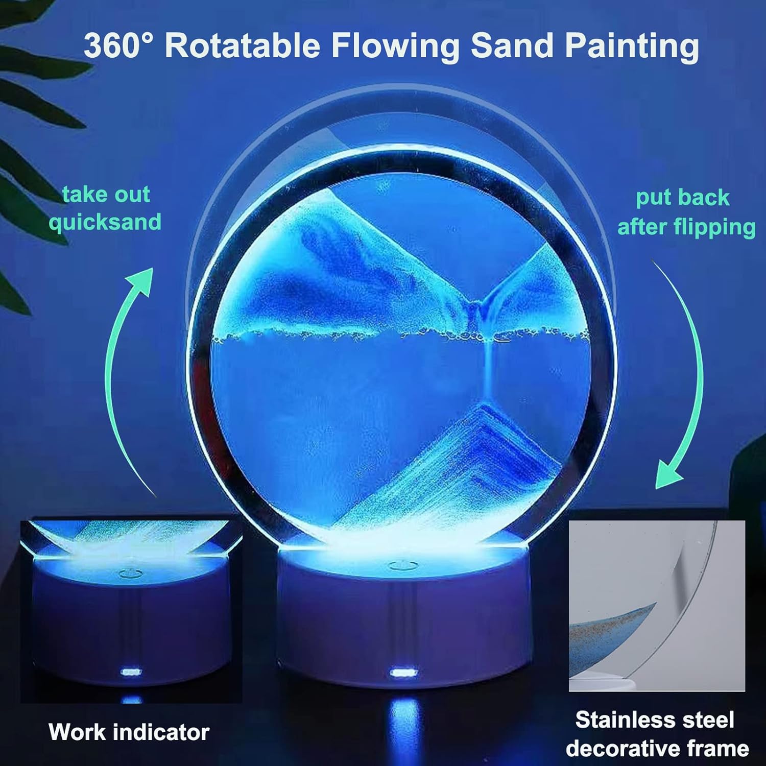 3d Moving Sand Art Picture Desk Lamp, 360° Rotating Hourglass Lights, RGB Color Changing Table Lamp,Sand Art Liquid Motion Colorful Creative Sea 3d Glass Quicksand Painting Night Light(Blue)