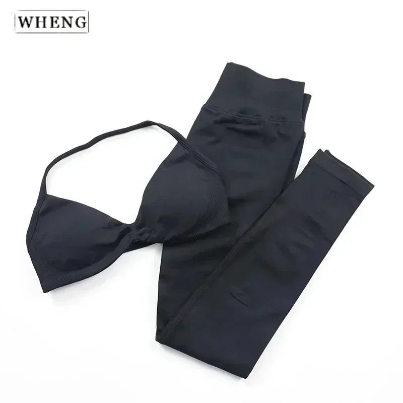 2Pcs Women's Gym Yoga Set Seamless High Waist Leggings Sports Bra Top Workout Outfit Fitness Activewear Running Training Clothes