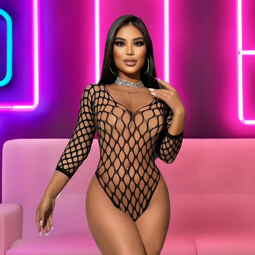Women's Underwear Sexy Mesh Transparent Bodysuit Fishnet Exotic Tight One-piece Solid Color Bodysuits Half Sleeve Charming 4ADM