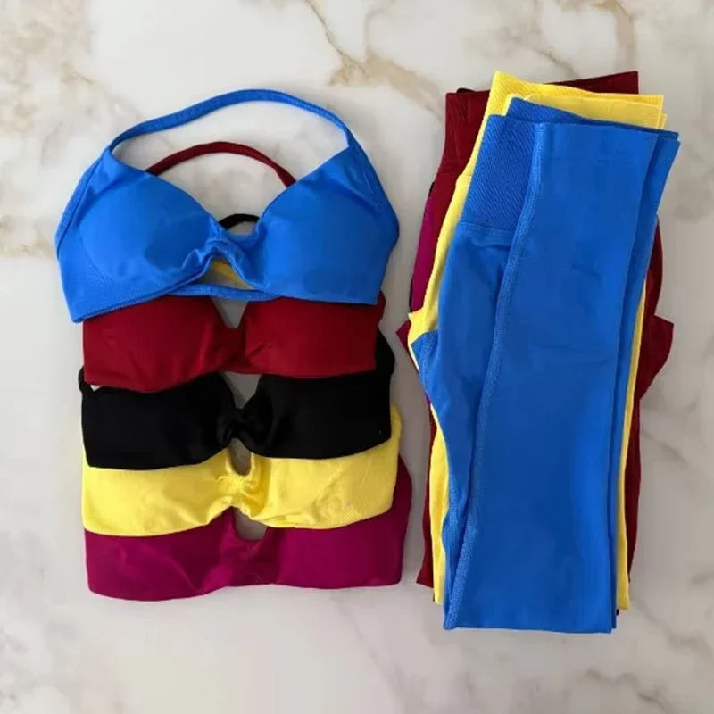 2Pcs Women's Gym Yoga Set Seamless High Waist Leggings Sports Bra Top Workout Outfit Fitness Activewear Running Training Clothes