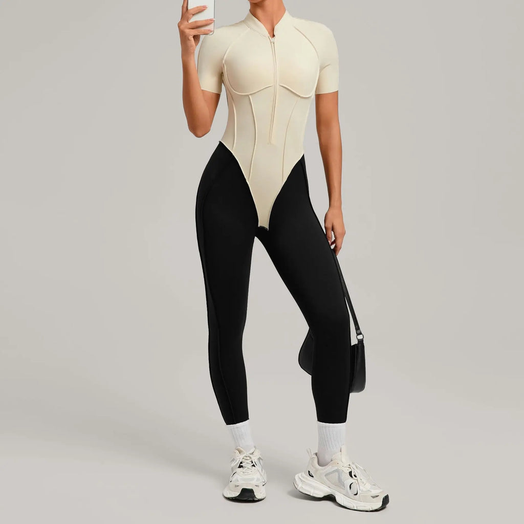 Pad Zipper Hollow out Yoga Set Short Sleeve Fitness Women One Piece Jumpsuit Legging Sleek Catsuit Gym Pant Active Wear XP83