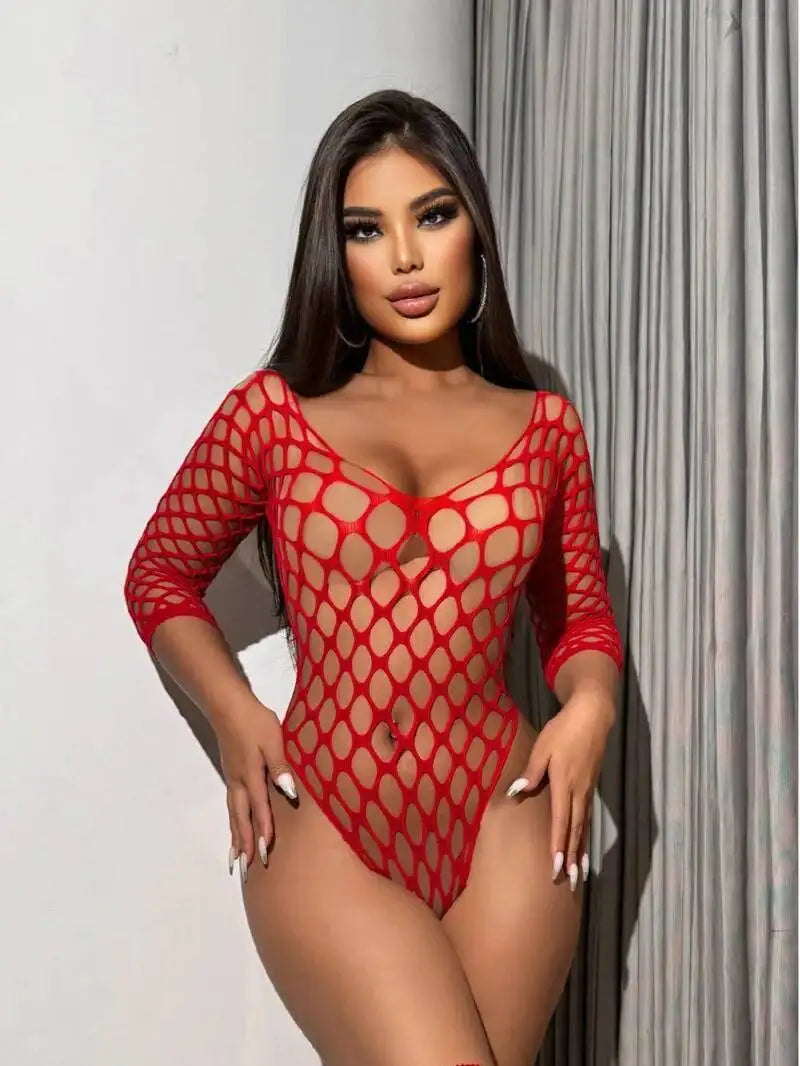 Women's Underwear Sexy Mesh Transparent Bodysuit Fishnet Exotic Tight One-piece Solid Color Bodysuits Half Sleeve Charming 4ADM