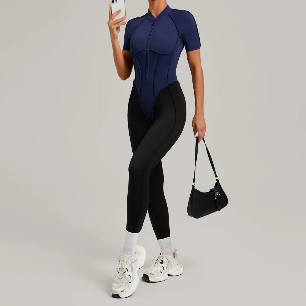 Pad Zipper Hollow out Yoga Set Short Sleeve Fitness Women One Piece Jumpsuit Legging Sleek Catsuit Gym Pant Active Wear XP83