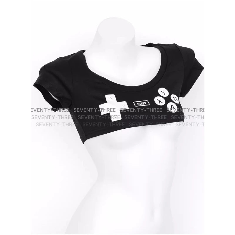 Anime Gamepad Printed Ultrashort T Shirt Women Mini Japanese Girl Top Sexy Underwear Short Sleeve Nightclub Role Play Outfits