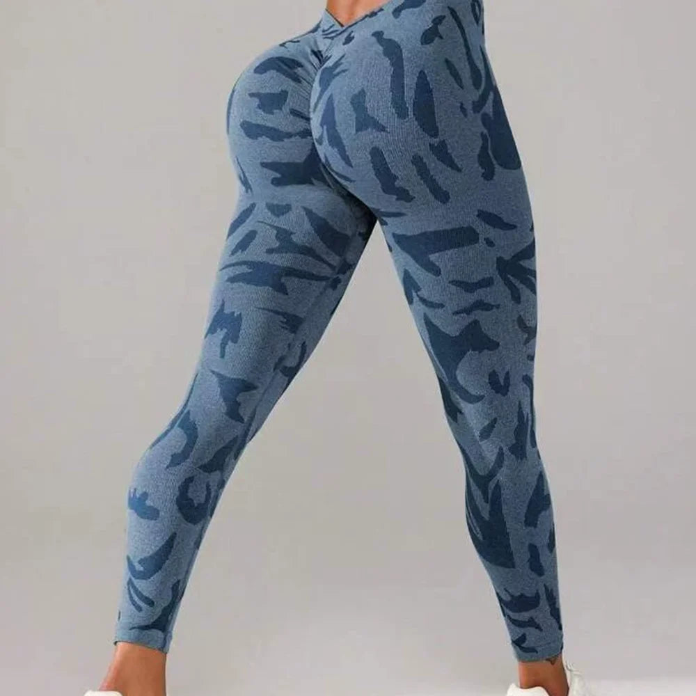 Women Camouflage V Back Gym Leggings Butt Lifting Fitness Athletic Workout Scrunch Leggins Exercise Yoga Pants Sports Clothing