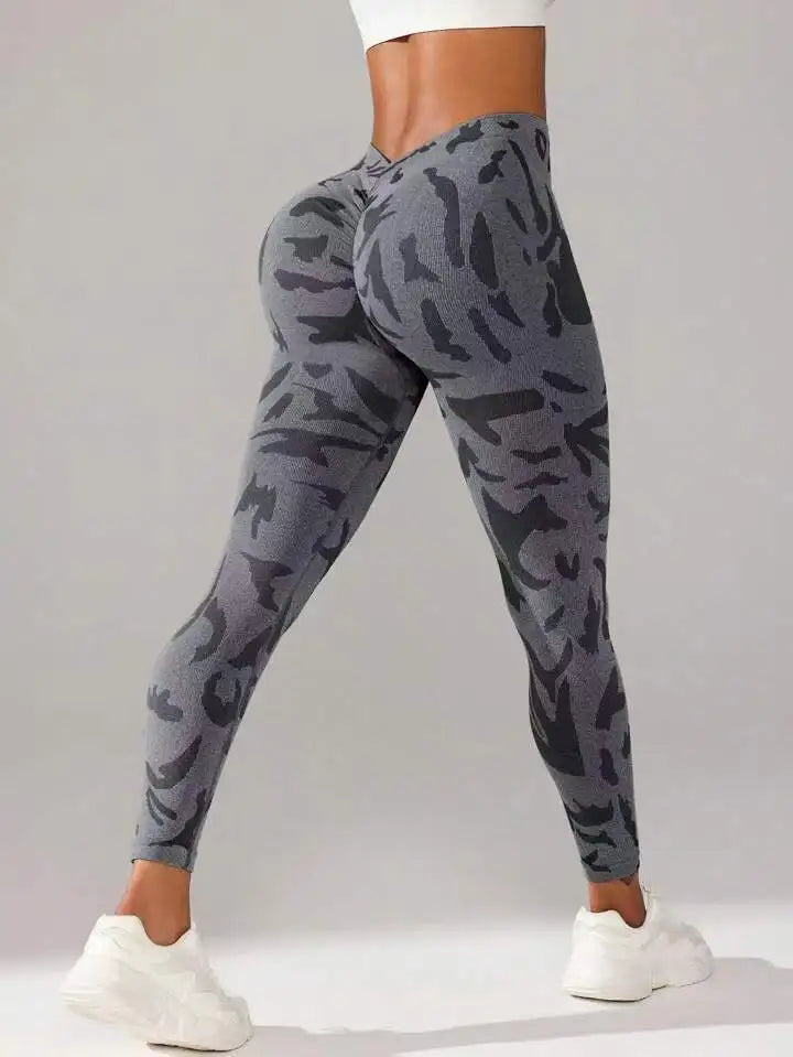 Women Camouflage V Back Gym Leggings Butt Lifting Fitness Athletic Workout Scrunch Leggins Exercise Yoga Pants Sports Clothing