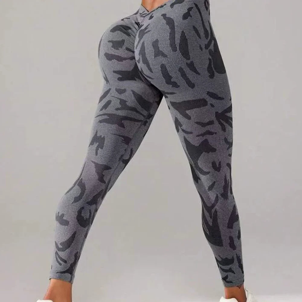 Women Camouflage V Back Gym Leggings Butt Lifting Fitness Athletic Workout Scrunch Leggins Exercise Yoga Pants Sports Clothing