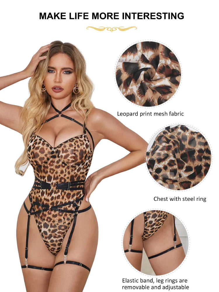 Comeondear Sexy Garter Bodysuits Strap Bondage Teddy Rompers Oversized Leotard Pajamas Leopard Suspenders Belt Lingerie Jumpsuit