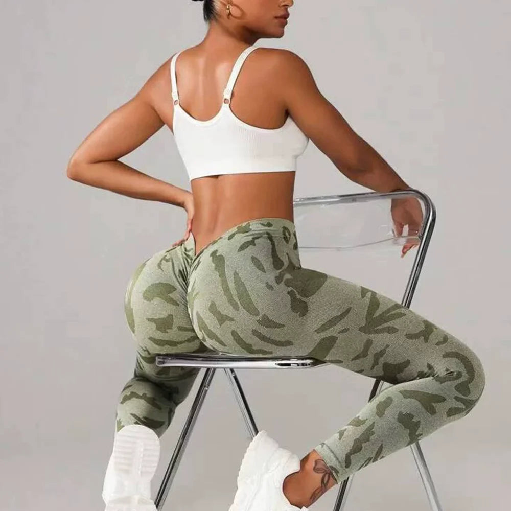 Women Camouflage V Back Gym Leggings Butt Lifting Fitness Athletic Workout Scrunch Leggins Exercise Yoga Pants Sports Clothing