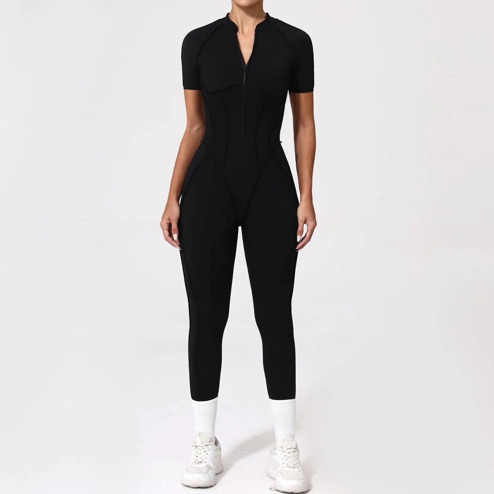 Pad Zipper Hollow out Yoga Set Short Sleeve Fitness Women One Piece Jumpsuit Legging Sleek Catsuit Gym Pant Active Wear XP83