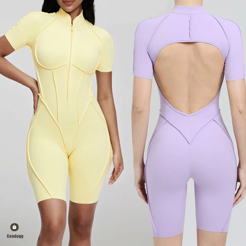 Pad Zipper Hollow out Yoga Set Short Sleeve Fitness Women One Piece Jumpsuit Legging Sleek Catsuit Gym Pant Active Wear XP83