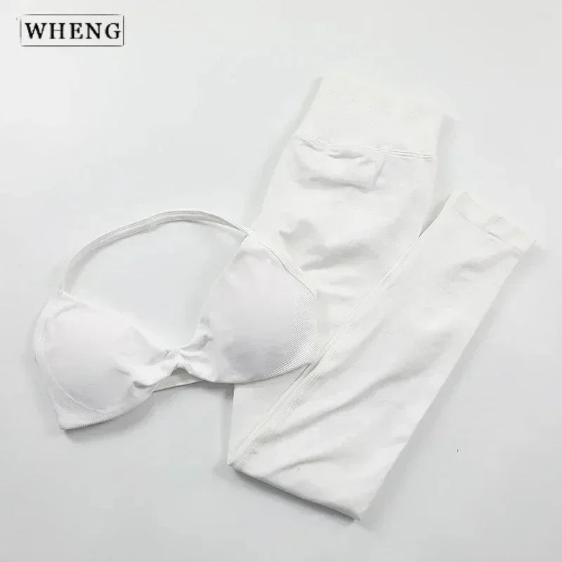 2Pcs Women's Gym Yoga Set Seamless High Waist Leggings Sports Bra Top Workout Outfit Fitness Activewear Running Training Clothes