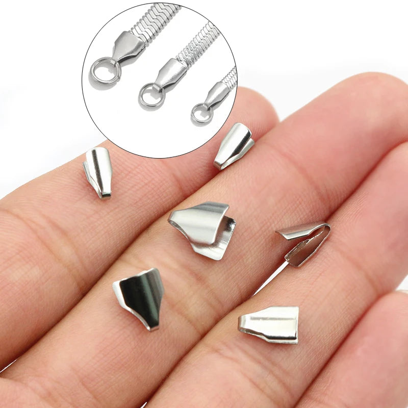 100pcs Stainless Steel 2-7mm Flat Cords Crimp End Beads Caps Clip Tip Fold for DIY Snake Chain Necklace Jewelry Making Findings