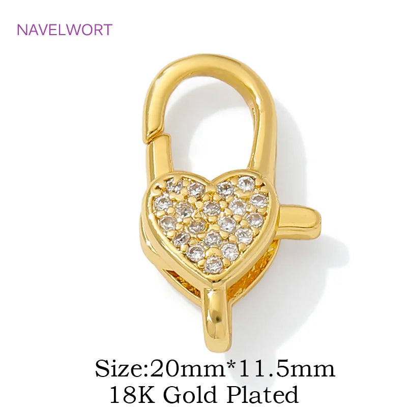 18K Gold Plated Inlaid Zircon Heart Lobster Clasps,Connectors For Jewelry,Clasp For Bracelet,DIY Jewelry Making Accessories