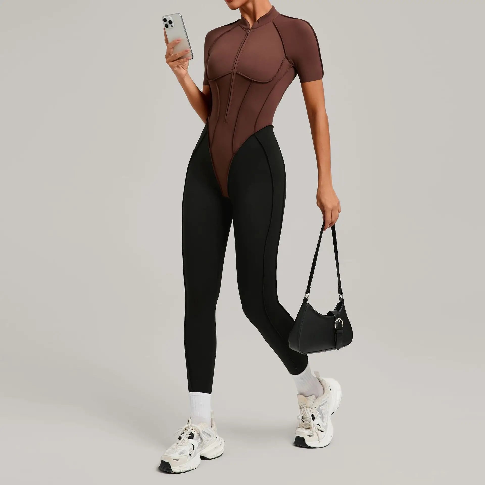 Pad Zipper Hollow out Yoga Set Short Sleeve Fitness Women One Piece Jumpsuit Legging Sleek Catsuit Gym Pant Active Wear XP83