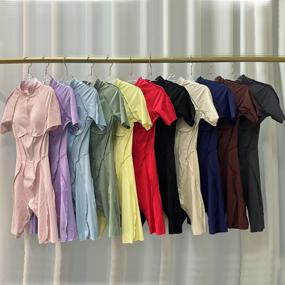 Pad Zipper Hollow out Yoga Set Short Sleeve Fitness Women One Piece Jumpsuit Legging Sleek Catsuit Gym Pant Active Wear XP83