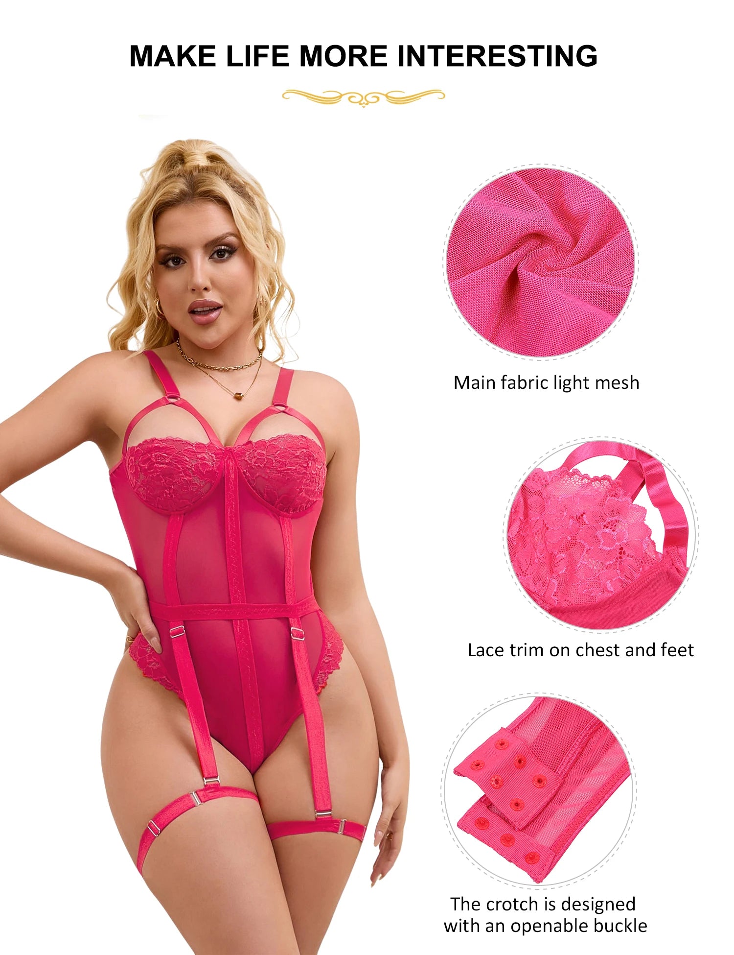 Bodysuit Women Rose Pink Erotic Slim Lace Crotch Open Garter Leg Ring Teddy Plus Size Sexy Body Lingerie Women Clothing Jumpsuit