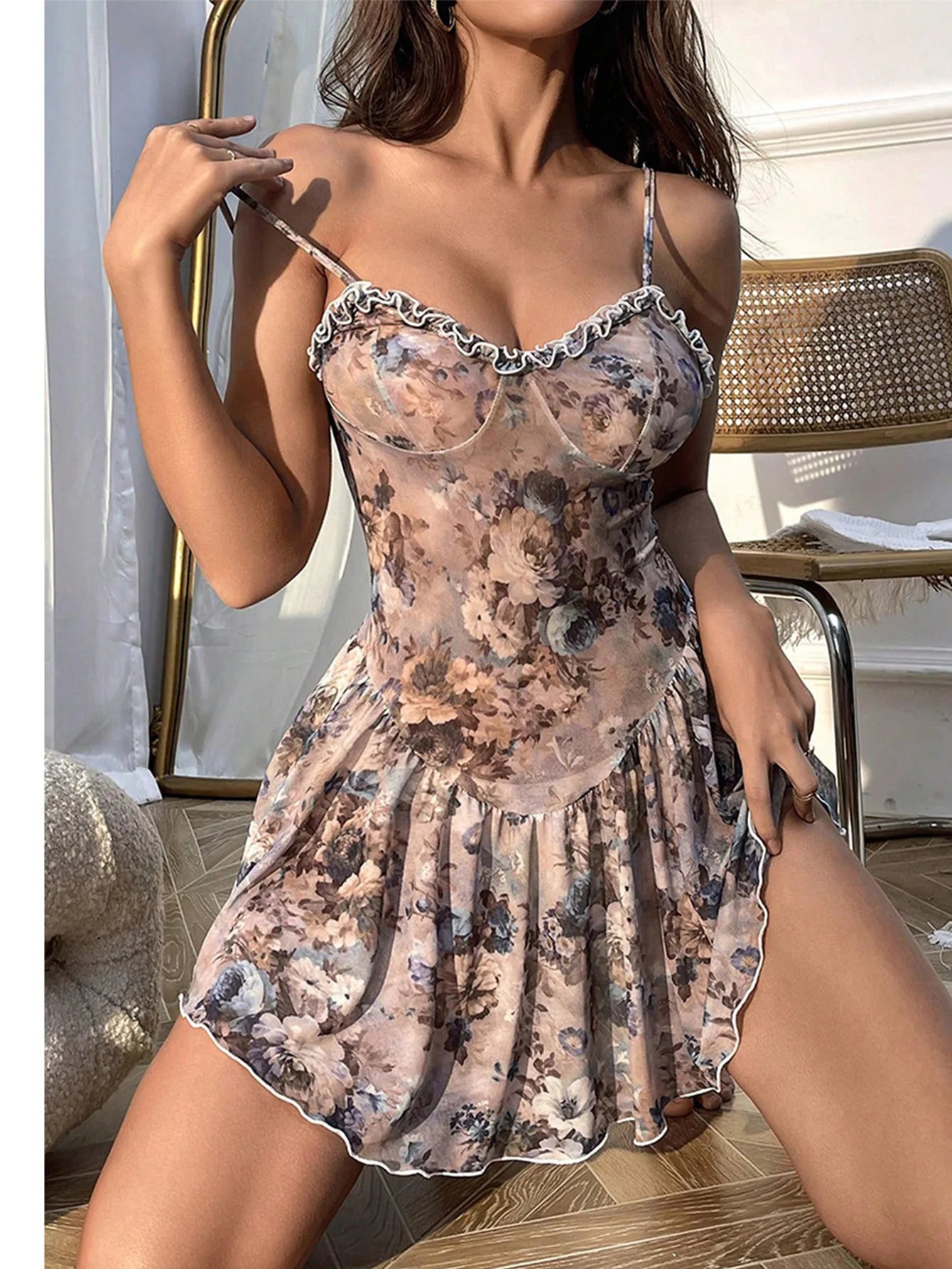 Strap tight floral lace thin short dress Top women Y2k clothes summer T-shirt sexy lingerie set fancy underwear uncensored xxx