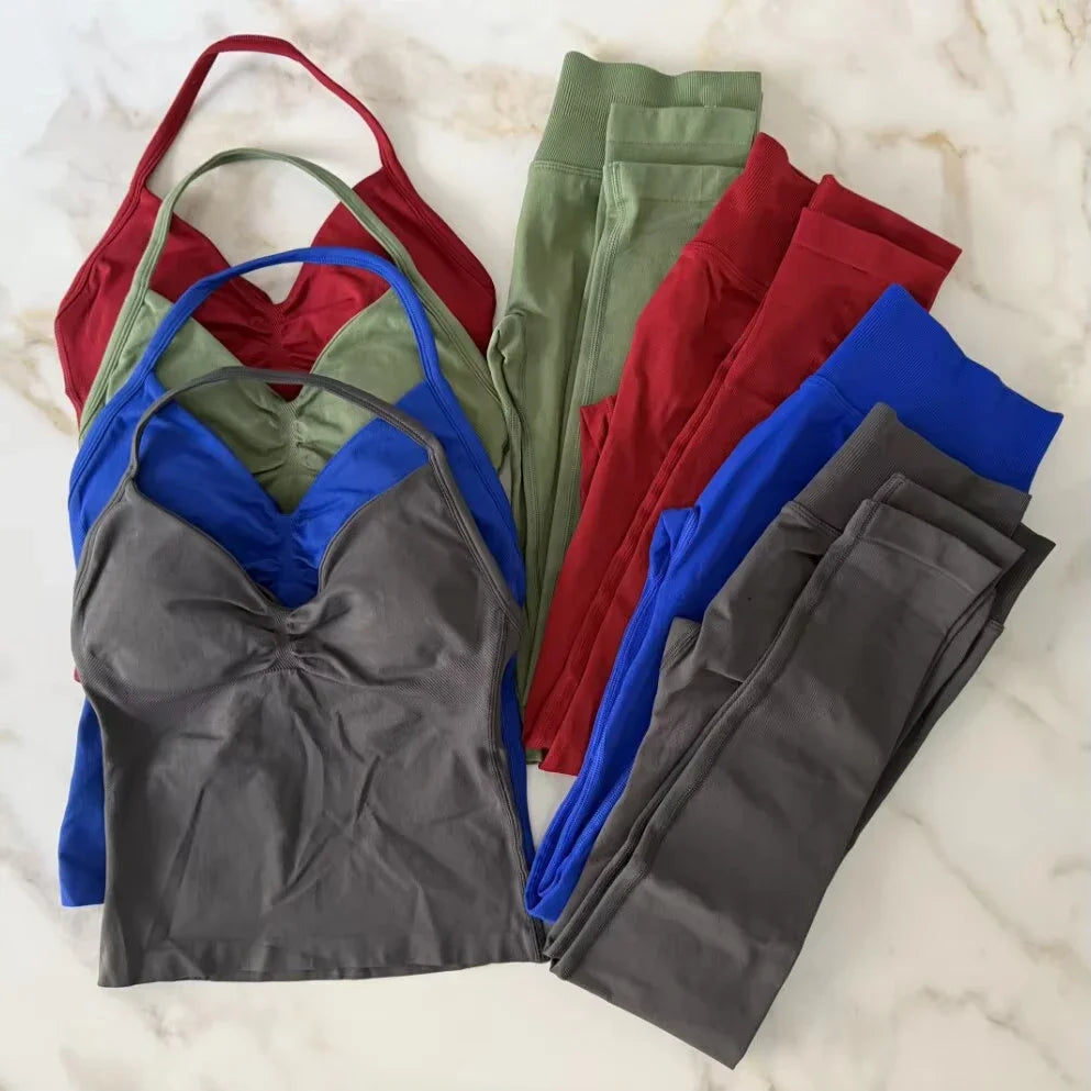 2Pcs Women's Gym Yoga Set Seamless High Waist Leggings Sports Bra Top Workout Outfit Fitness Activewear Running Training Clothes