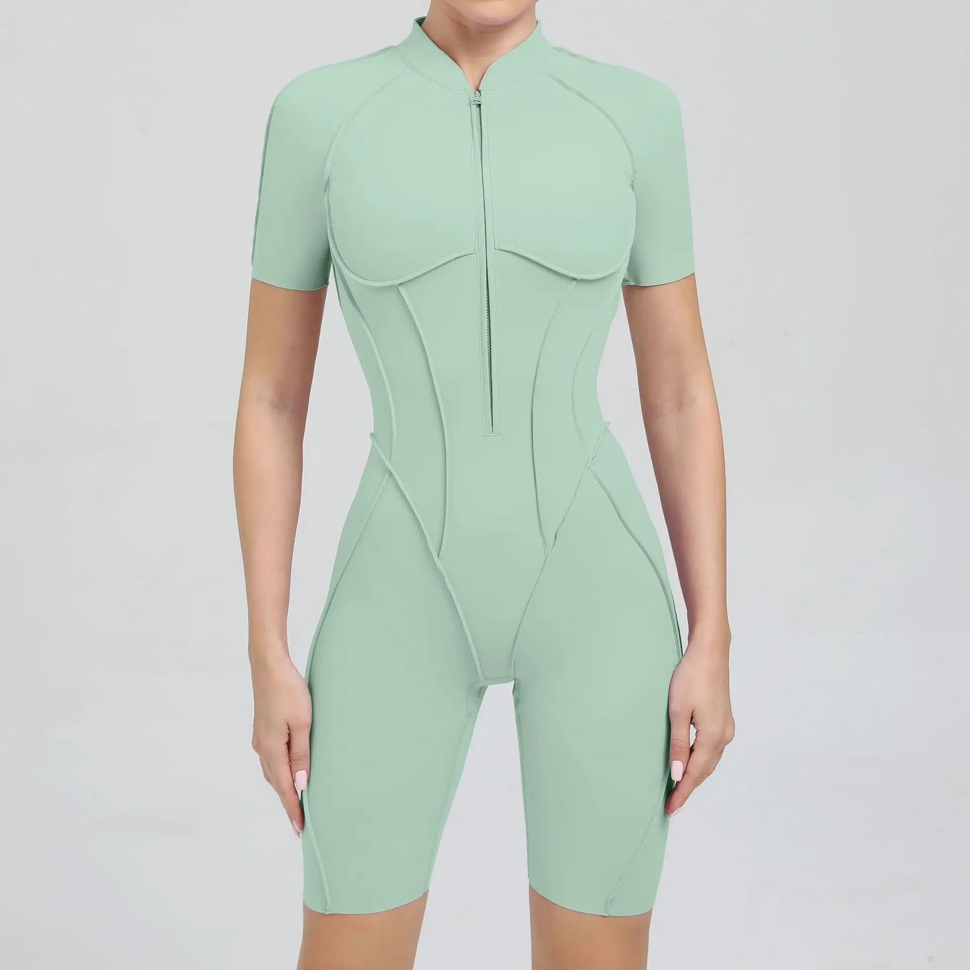 Pad Zipper Hollow out Yoga Set Short Sleeve Fitness Women One Piece Jumpsuit Legging Sleek Catsuit Gym Pant Active Wear XP83