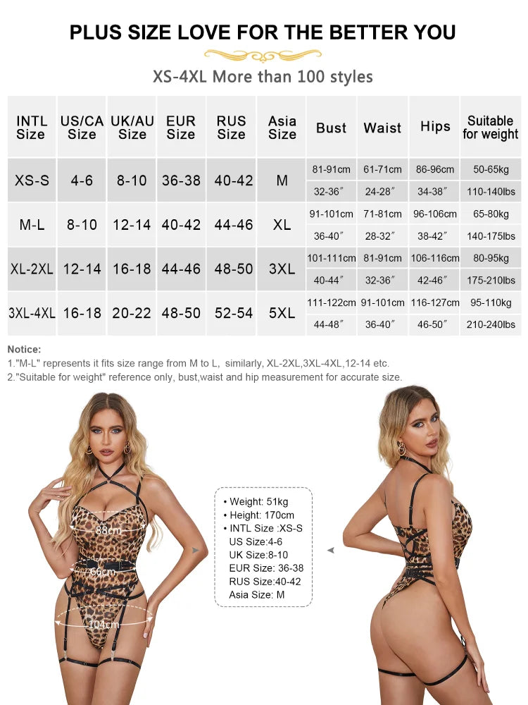 Comeondear Sexy Garter Bodysuits Strap Bondage Teddy Rompers Oversized Leotard Pajamas Leopard Suspenders Belt Lingerie Jumpsuit