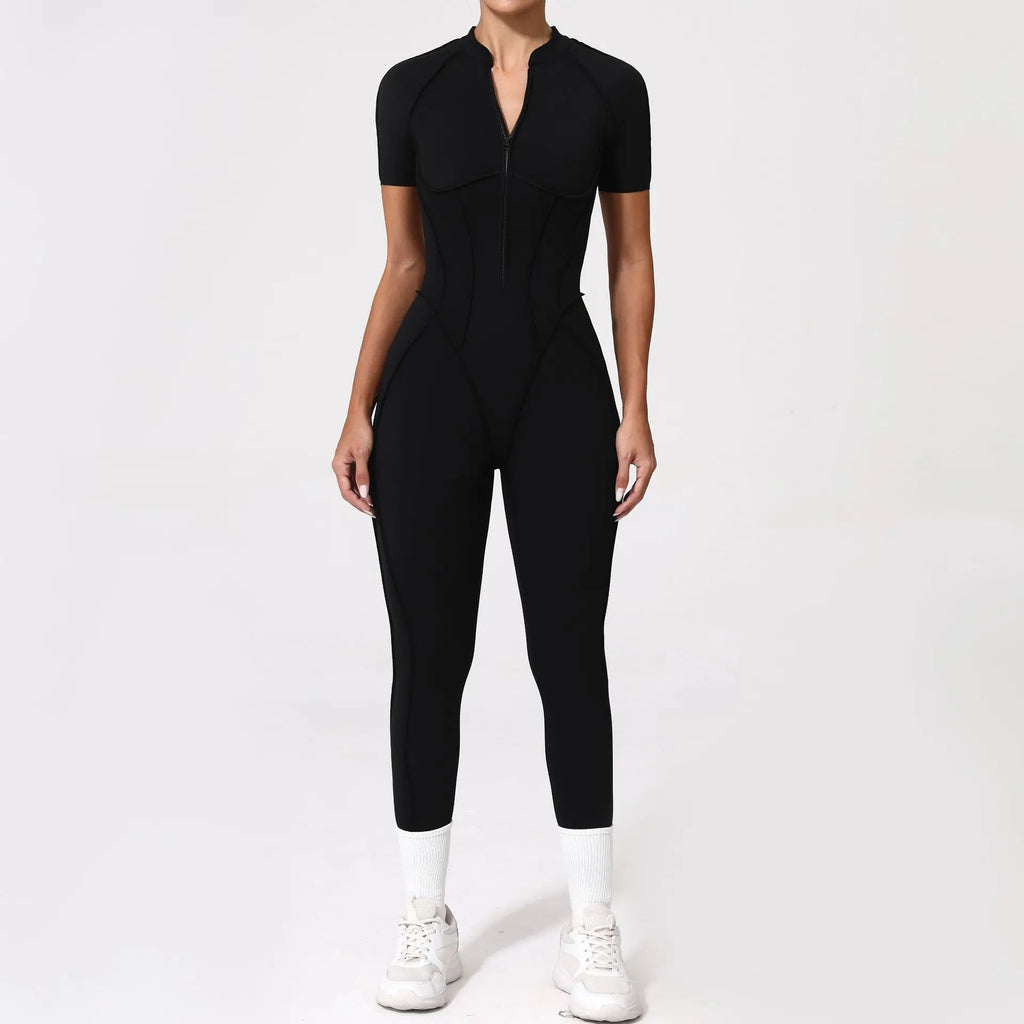 Pad Zipper Hollow out Yoga Set Short Sleeve Fitness Women One Piece Jumpsuit Legging Sleek Catsuit Gym Pant Active Wear XP83