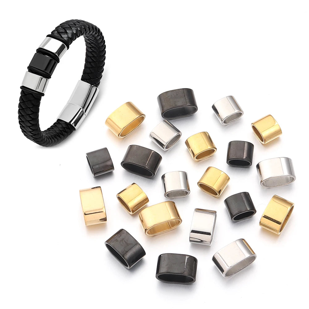 6pcs Flat Stainless Steel Tube Slider Beads Position Beads Big Hole Metal Beads DIY Leather Bracelet Clasps For Jewelry Making